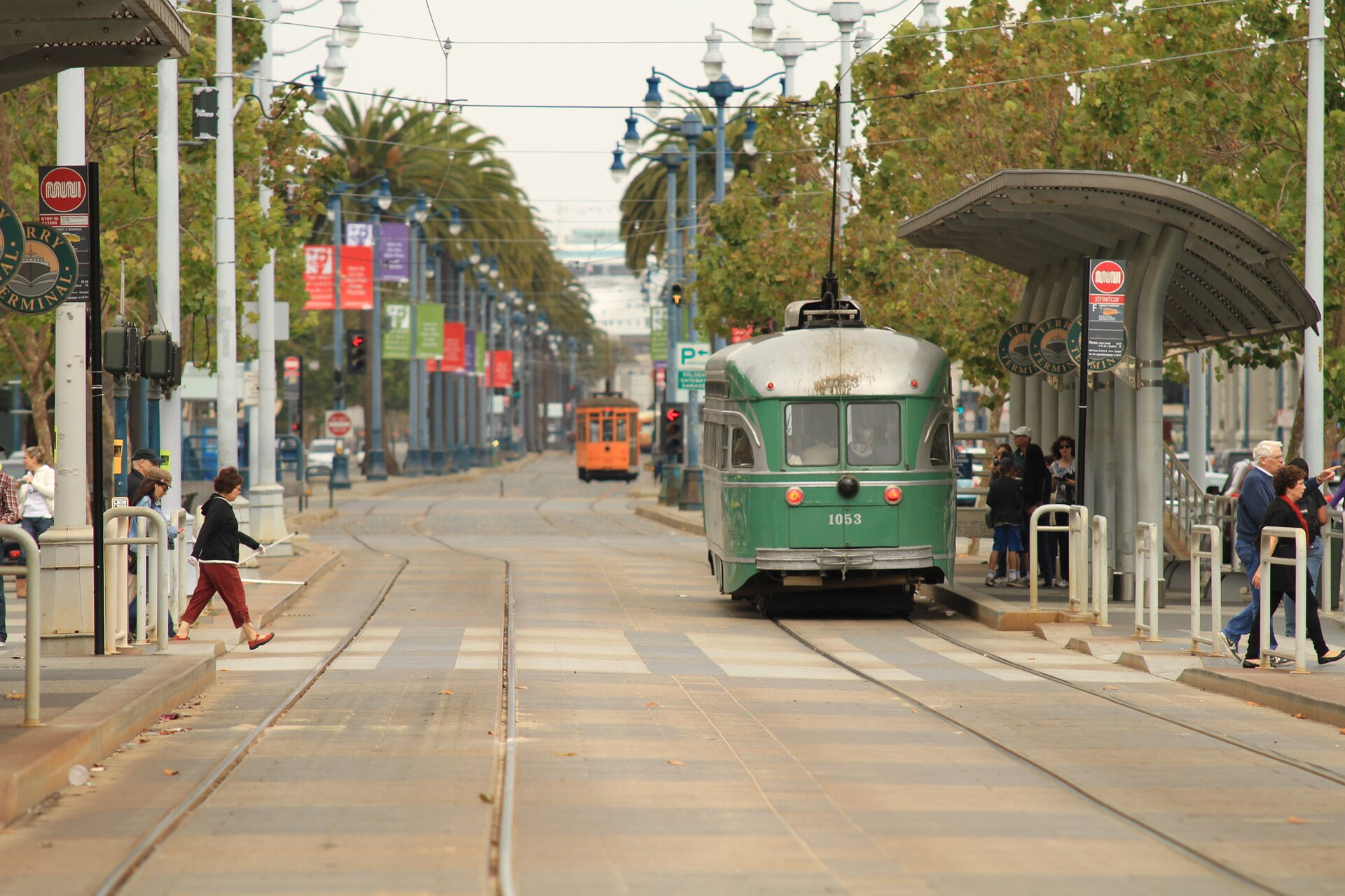 An F-line streetcar on the Embarcadero
